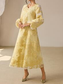 SHEIN Najma New Arrival Jacquard Jacquard Purple Arabic Style Dress For Women - Yellow - View 6