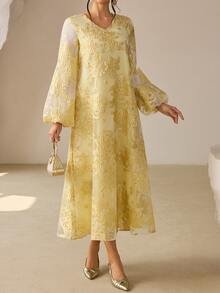 SHEIN Najma New Arrival Jacquard Jacquard Purple Arabic Style Dress For Women - Yellow - View 4
