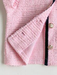 SHEIN 2 Pcs KIDS Young Girls Elegant Commute Round Neck Contrast Color Bow Jacket & Skirt Set, Autumn/Winter, Outing, Back To School, Birthday, Party - Pink - View 8