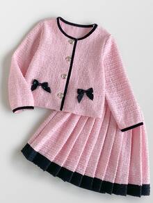 SHEIN 2 Pcs KIDS Young Girls Elegant Commute Round Neck Contrast Color Bow Jacket & Skirt Set, Autumn/Winter, Outing, Back To School, Birthday, Party - Pink - View 2