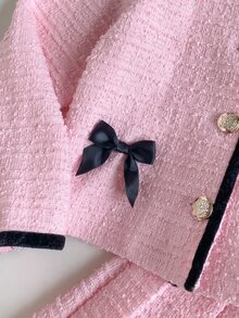SHEIN 2 Pcs KIDS Young Girls Elegant Commute Round Neck Contrast Color Bow Jacket & Skirt Set, Autumn/Winter, Outing, Back To School, Birthday, Party - Pink - View 4