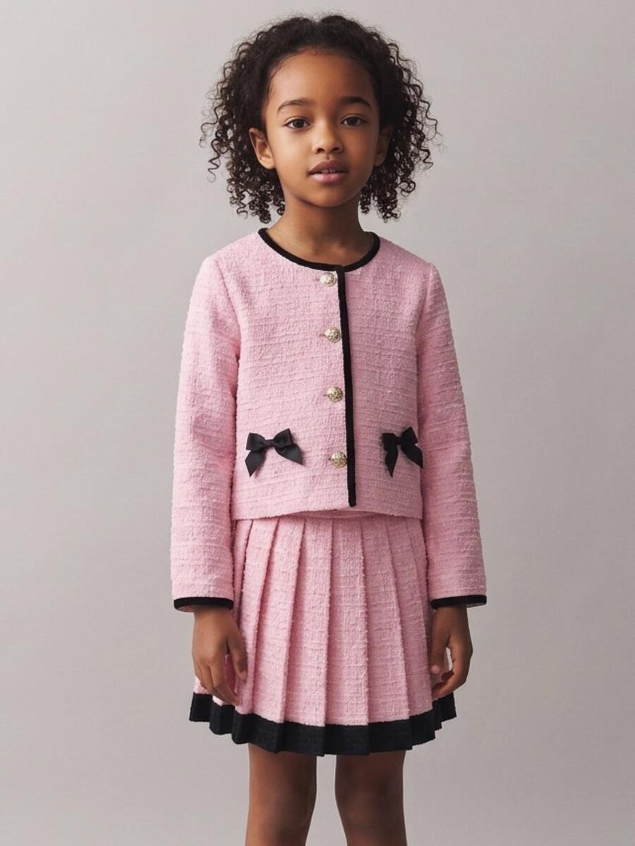SHEIN 2 Pcs KIDS Young Girls Elegant Commute Round Neck Contrast Color Bow Jacket & Skirt Set, Autumn/Winter, Outing, Back To School, Birthday, Party - Pink - View 1