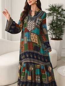 Al Najma 女士端庄休闲碎花长裙 - 藏蓝色 - 查看 5