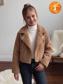Joliand Joliand 青少年女孩加厚保暖內裡翻領短夾克，仿麂皮保暖夾克，機車夾克，秋冬款 - 棕色 - 查看 6