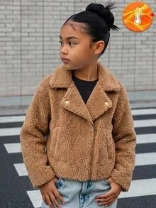 Joliand Joliand 青少年女孩加厚保暖內裡翻領短夾克，仿麂皮保暖夾克，機車夾克，秋冬款 - 棕色 - 查看 11