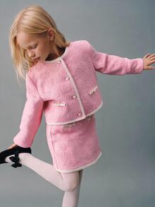 Maija Kids Maija Kids 1套少女優雅時尚粉色玫瑰圖案長袖夾克與裙子套裝，適合室內、日常、運動、攝影、秋冬假期 - 粉色 - 查看 1