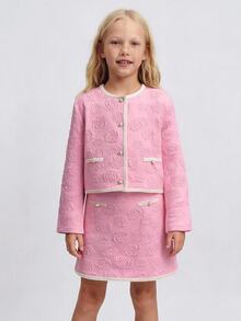 Maija Kids Maija Kids 1套少女優雅時尚粉色玫瑰圖案長袖夾克與裙子套裝，適合室內、日常、運動、攝影、秋冬假期 - 粉色 - 查看 6
