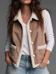 Trelyra Women's Suede Fleece Lined Single-Breasted Vest - Khaki - View 4