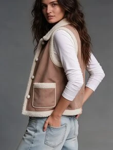 Trelyra Women's Suede Fleece Lined Single-Breasted Vest - Khaki - View 2