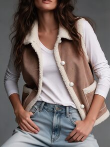 Trelyra Women's Suede Fleece Lined Single-Breasted Vest - Khaki - View 5