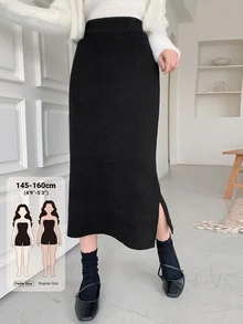 DAZY Women's Solid Color Slit Design Casual Daily Knit Skirt Winter - Black - View 1