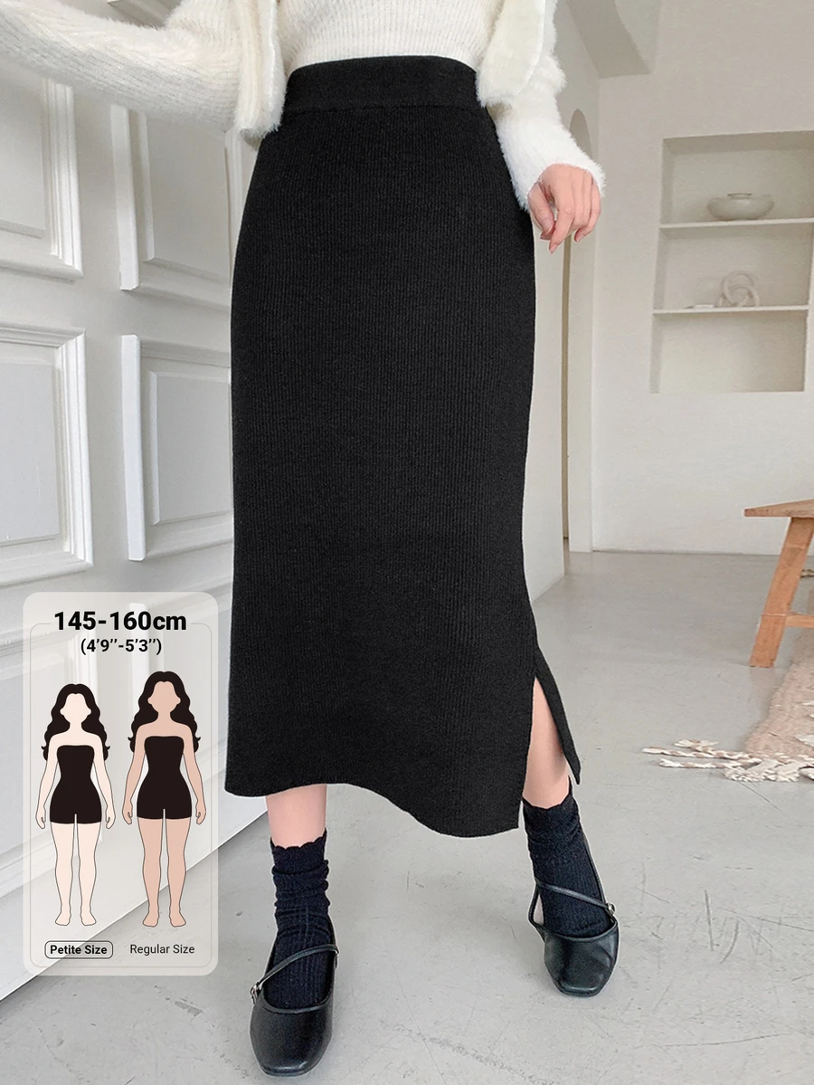 DAZY Women's Solid Color Slit Design Casual Daily Knit Skirt Winter - Black - View 1