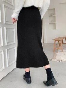 DAZY Women's Solid Color Slit Design Casual Daily Knit Skirt Winter - Black - View 2