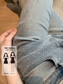 DAZY Women's Casual Daily Flare Jeans With Pocket, Button And Rhinestone Embellishments - Blue - View 2