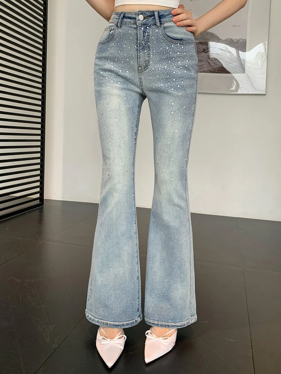 DAZY Women's Casual Daily Flare Jeans With Pocket, Button And Rhinestone Embellishments - Blue - View 1