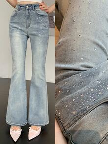 DAZY Women's Casual Daily Flare Jeans With Pocket, Button And Rhinestone Embellishments - Blue - View 8