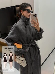 Livesso Petite Áo khoác dáng dài nữ màu trơn thắt nút eo phong cách thường ngày đa năng mùa đông - Xám - Xem 1