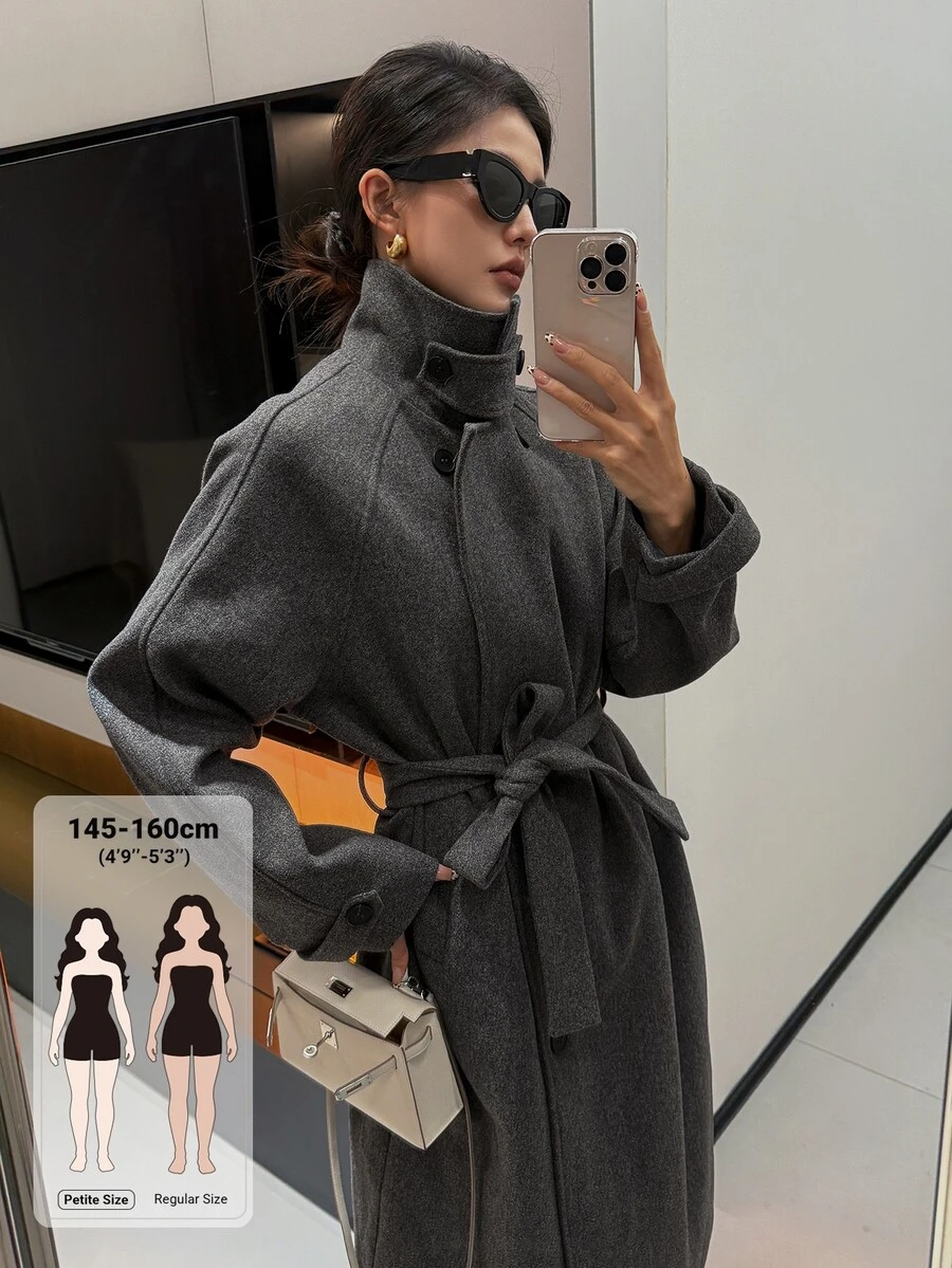 Livesso Petite Áo khoác dáng dài nữ màu trơn thắt nút eo phong cách thường ngày đa năng mùa đông - Xám - Xem 1