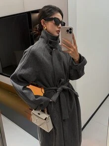 Livesso Petite Áo khoác dáng dài nữ màu trơn thắt nút eo phong cách thường ngày đa năng mùa đông - Xám - Xem 11