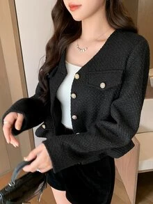 DAZY Women's Solid Color Casual Versatile Daily Wear Wool Jacket Winter - Black - View 7
