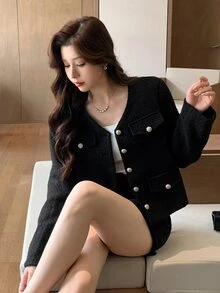 DAZY Women's Solid Color Casual Versatile Daily Wear Wool Jacket Winter - Black - View 8
