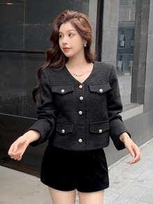 DAZY Women's Solid Color Casual Versatile Daily Wear Wool Jacket Winter - Black - View 5