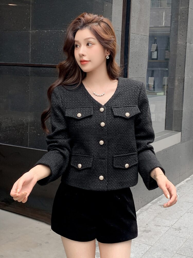 DAZY 女款純色休閒百搭日常穿著羊毛外套 冬季 - 黑色 - 查看 5