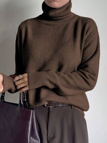 DAZY Women's Solid Color High Neck Dropped Shoulder Long Sleeve Casual Sweater Winter - Brown - View 3