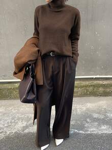 DAZY Women's Solid Color High Neck Dropped Shoulder Long Sleeve Casual Sweater Winter - Brown - View 5