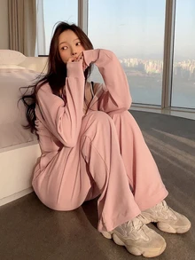 DAZY Women's Solid Color Zip-Up Hooded Sweatshirt And Pants Casual 2 Pieces Set - Pink - View 4