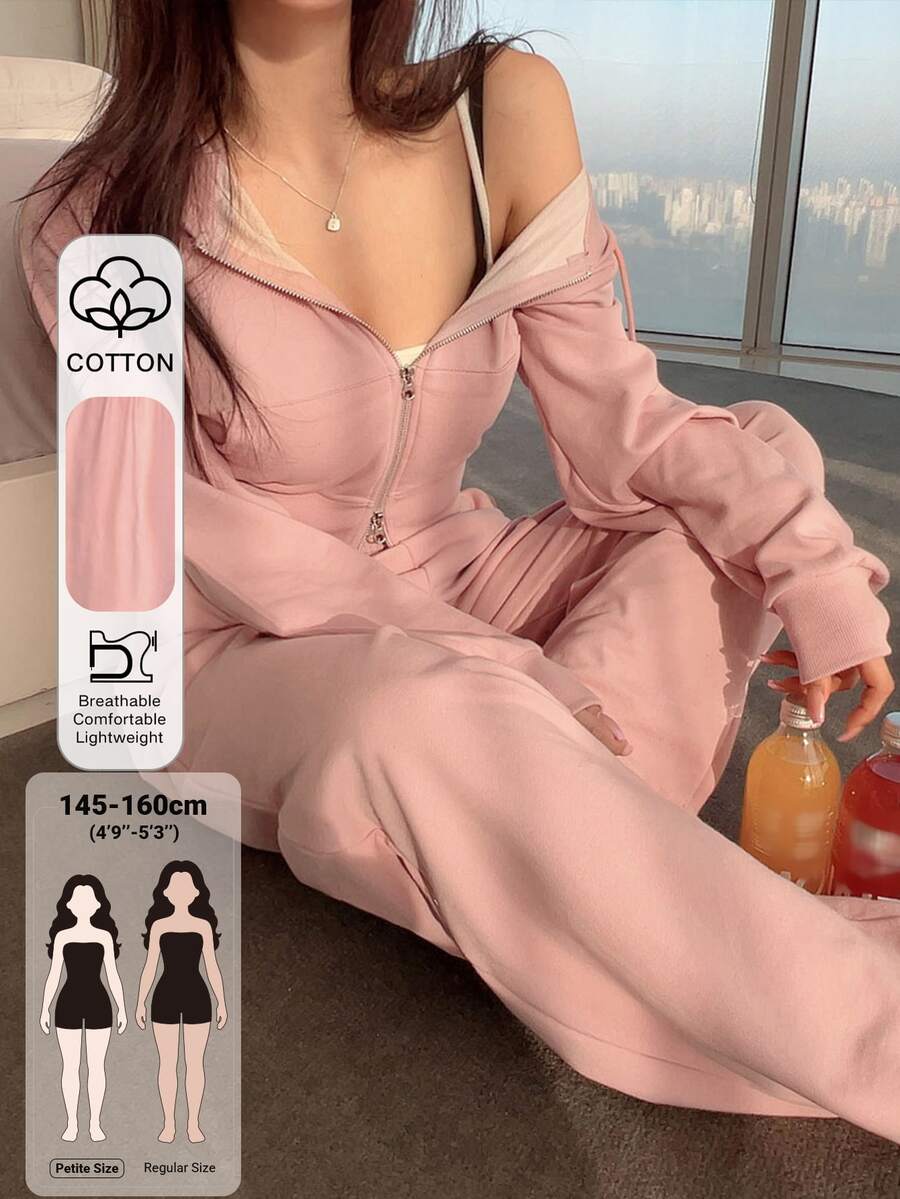 DAZY Women's Solid Color Zip-Up Hooded Sweatshirt And Pants Casual 2 Pieces Set - Pink - View 1