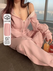 DAZY Women's Solid Color Zip-Up Hooded Sweatshirt And Pants Casual 2 Pieces Set - Pink - View 7