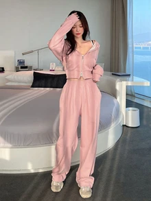 DAZY Women's Solid Color Zip-Up Hooded Sweatshirt And Pants Casual 2 Pieces Set - Pink - View 5