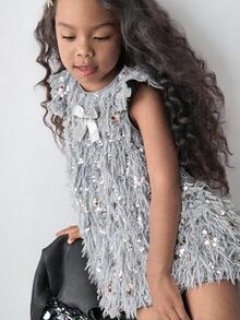 Maija Kids Maija Kids 1件少女優雅公主風甜美精緻棕色毛絨洋裝，適合日常、拍照、秋季聖誕與生日穿著 - 灰色 - 查看 2