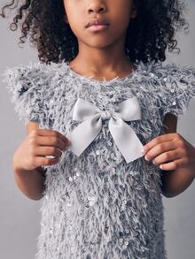 Maija Kids Maija Kids 1件少女優雅公主風甜美精緻棕色毛絨洋裝，適合日常、拍照、秋季聖誕與生日穿著 - 灰色 - 查看 3