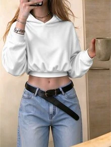 Zavorell Women's Solid Color Casual Daily Hooded Cropped Sweatshirt - White - View 7