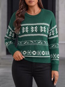 SHEIN Clasi CURVE 聖誕針織毛衣女款 秋季新款 優雅復古休閒百搭套頭上衣 節日婚禮綠色 - 彩色 - 查看 6