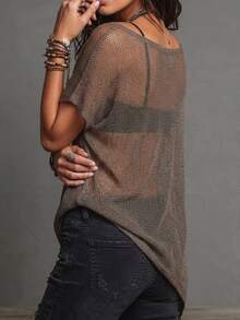 Glimmora Women's Minimalist Boho Versatile Sheer Asymmetrical Hem Knit Top For Vacation Night Out Mocha Brown Summer - Coffee Brown - View 4