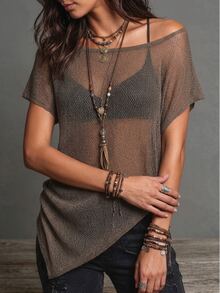 Glimmora Women's Minimalist Boho Versatile Sheer Asymmetrical Hem Knit Top For Vacation Night Out Mocha Brown Summer - Coffee Brown - View 8