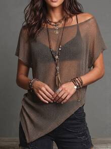 Glimmora Women's Minimalist Boho Versatile Sheer Asymmetrical Hem Knit Top For Vacation Night Out Mocha Brown Summer - Coffee Brown - View 7