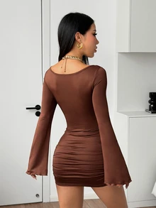 Flirla European & American Women's Solid Color Lace Patchwork Flared Sleeve Fitted Dress - Brown - View 3