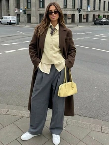 Livesso Women's Winter Coffee Brown Wool Blend Lapel Button Long Sleeve Thick Waist-Cinching Mid-Length Coat - Coffee Brown - View 1