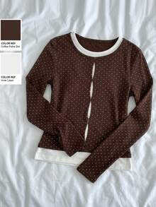 Livesso Women's Polka Dot Print Patchwork 2 In 1 T-Shirt Fall Everyday Night Out Club Brown White Retro 80s Retro Sexy - Coffee Brown - View 6