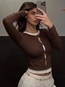 Livesso Women's Polka Dot Print Patchwork 2 In 1 T-Shirt Fall Everyday Night Out Club Brown White Retro 80s Retro Sexy - Coffee Brown - View 4