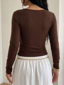 Livesso Women's Polka Dot Print Patchwork 2 In 1 T-Shirt Fall Everyday Night Out Club Brown White Retro 80s Retro Sexy - Coffee Brown - View 2