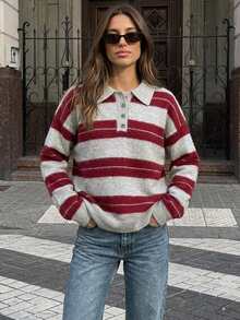 Livesso Women's Grey Colorblock Casual Preppy Everyday Long Sleeve Sweater School Fall City Break Winter - Burgundy - View 7