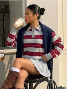 Livesso Women's Grey Colorblock Casual Preppy Everyday Long Sleeve Sweater School Fall City Break Winter - Burgundy - View 5