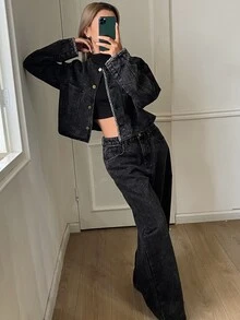 Livesso Autumn Black Collared Button Pocket Decor Short Denim Jacket With Wide Leg Denim Jeans Set - Black - View 4