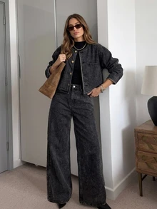Livesso Autumn Black Collared Button Pocket Decor Short Denim Jacket With Wide Leg Denim Jeans Set - Black - View 7