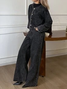 Livesso Autumn Black Collared Button Pocket Decor Short Denim Jacket With Wide Leg Denim Jeans Set - Black - View 6